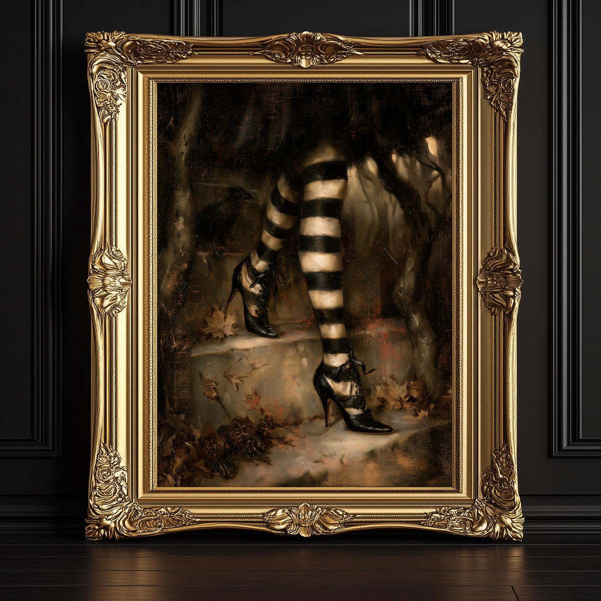 Lace-up heels and striped stockings against a shadowy forest backdrop