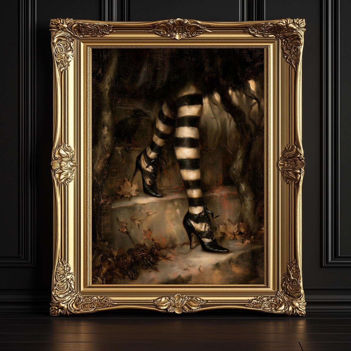 Lace-up heels and striped stockings against a shadowy forest backdrop