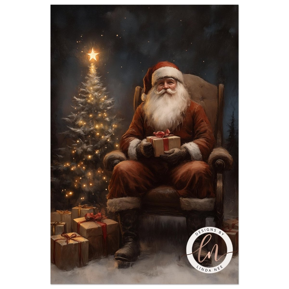 Santa Claus seated in a chair holding a wrapped gift with presents behind him