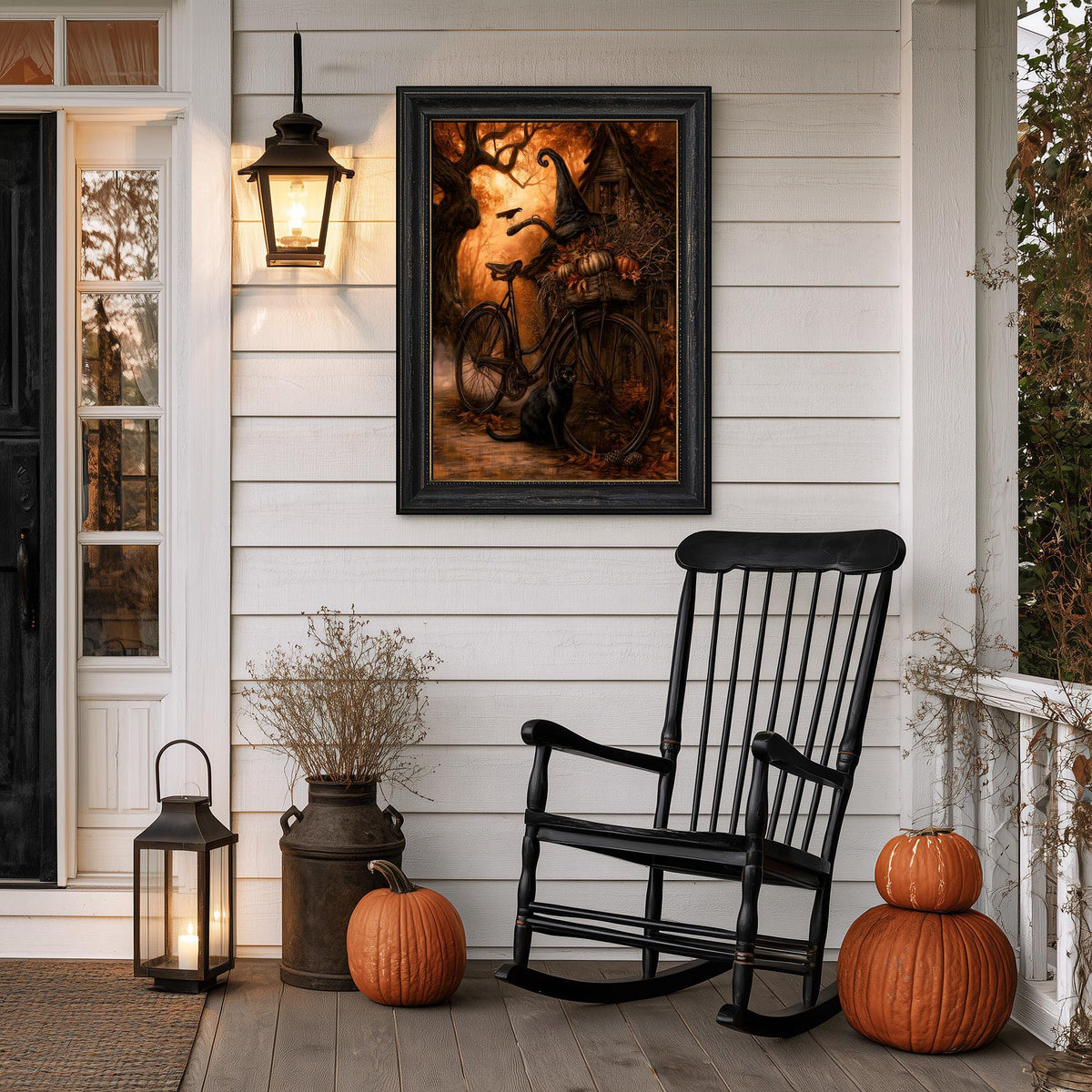 Porch wall with a black rocking chair, two pumpkins, and the autumn bicycle art print