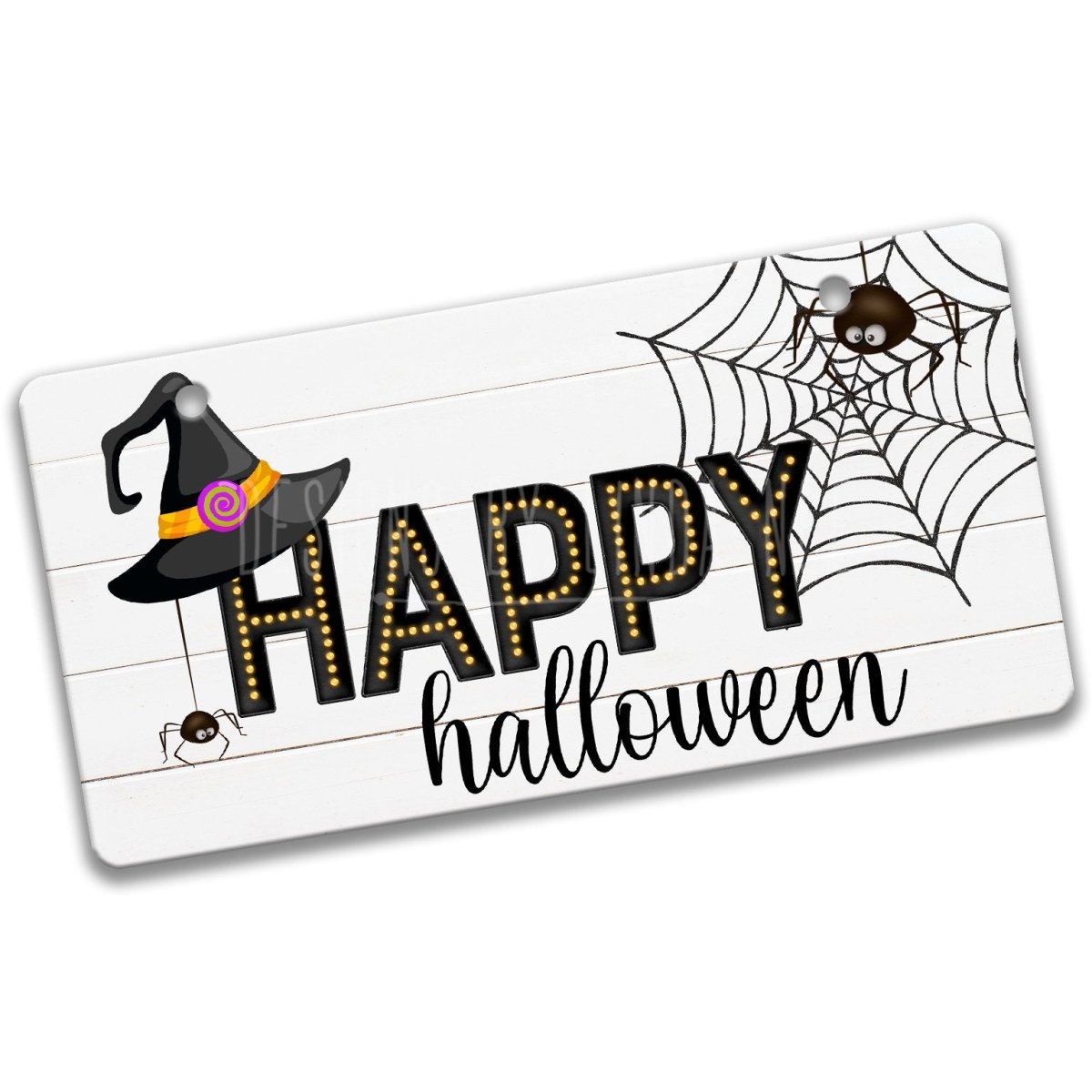 Witch Hat and Spider Happy Halloween sign on a shelf with fall decor