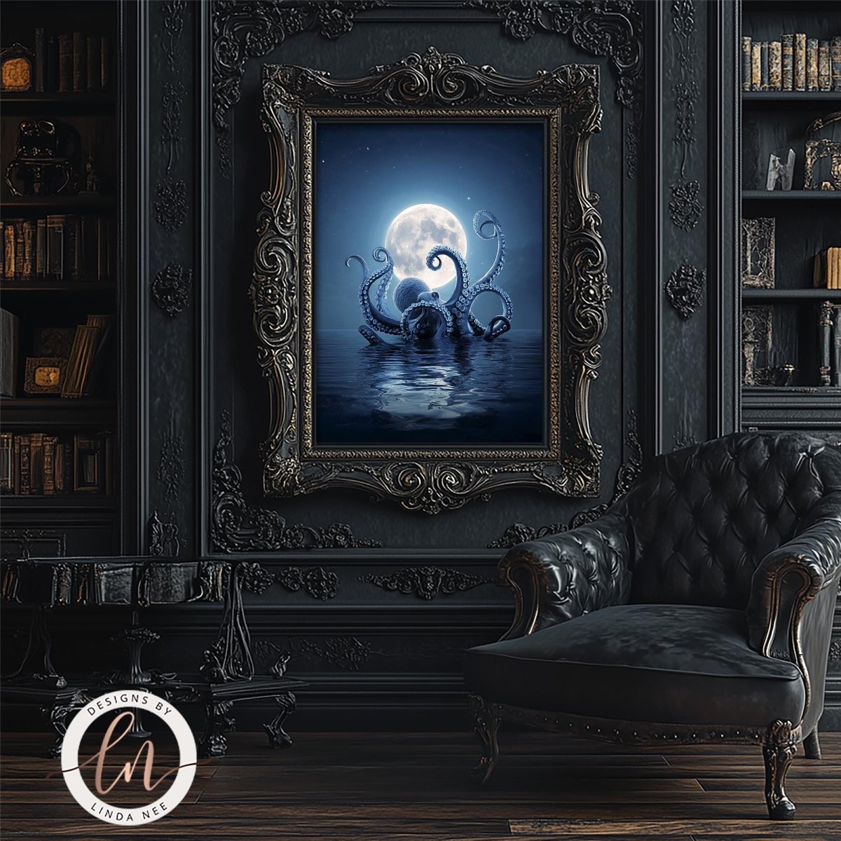 a large, ornate frame with a painting of a moonlit ocean scene, surrounded by a dark, gothic-style interior with a black leather chair and a bookshelf filled with books.