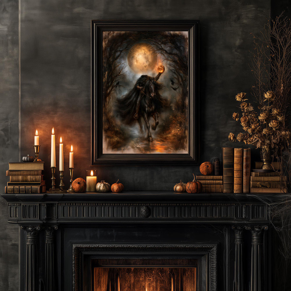 Halloween mantel with candles, pumpkins, and books beneath the horseman print
