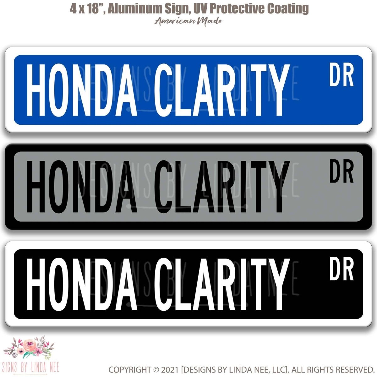 Honda Clarity DR street name sign shown in three aluminum color options