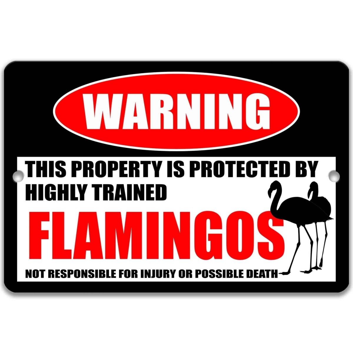 Flamingo warning metal sign, glossy black, red WARNING oval and standing flamingo silhouettes