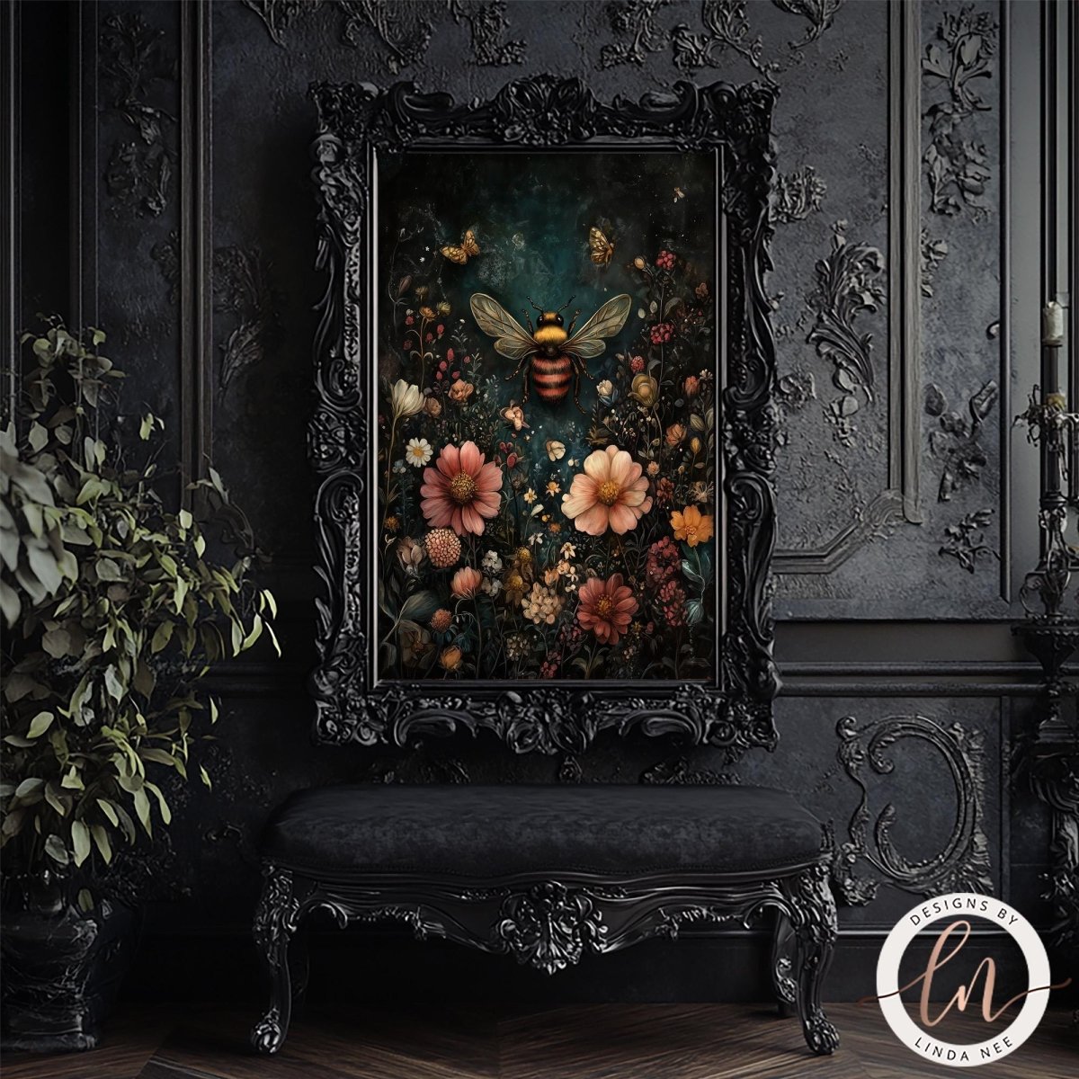 A framed dark floral art print featuring a bumblebee and pink, orange, and yellow flowers, displayed on a dark ornate wall above a matching dark bench in a gothic room setting.