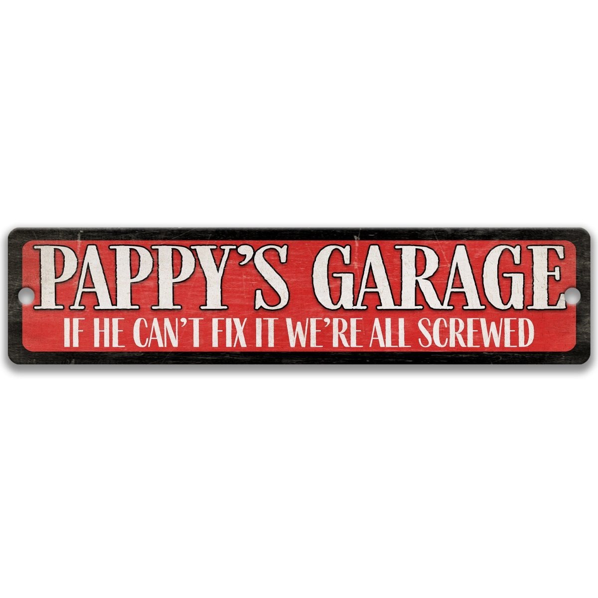 a red and black sign with the text "P poppy's garage" and a humorous message below it.