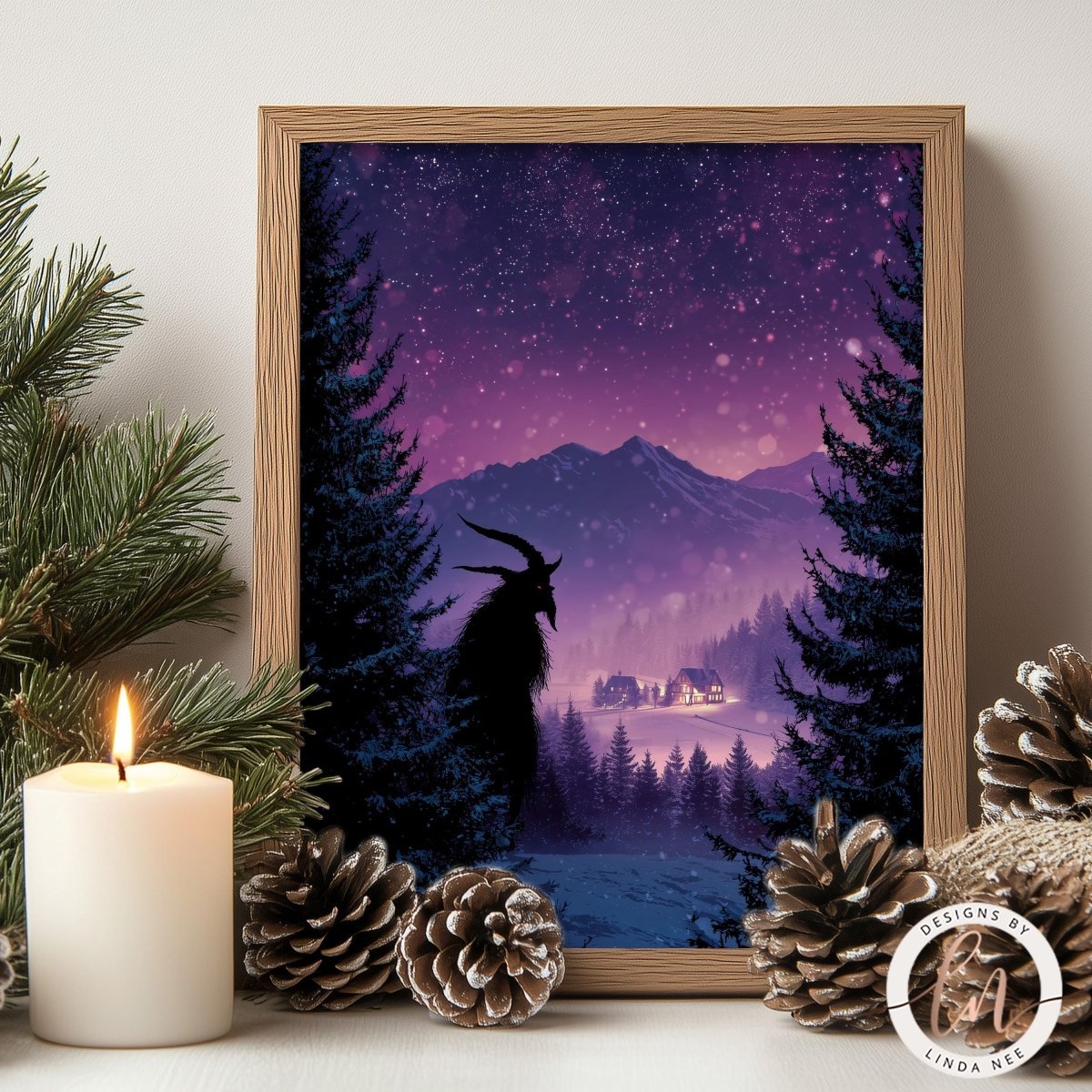 Alpine folklore Krampus art print with moody Christmas ambience