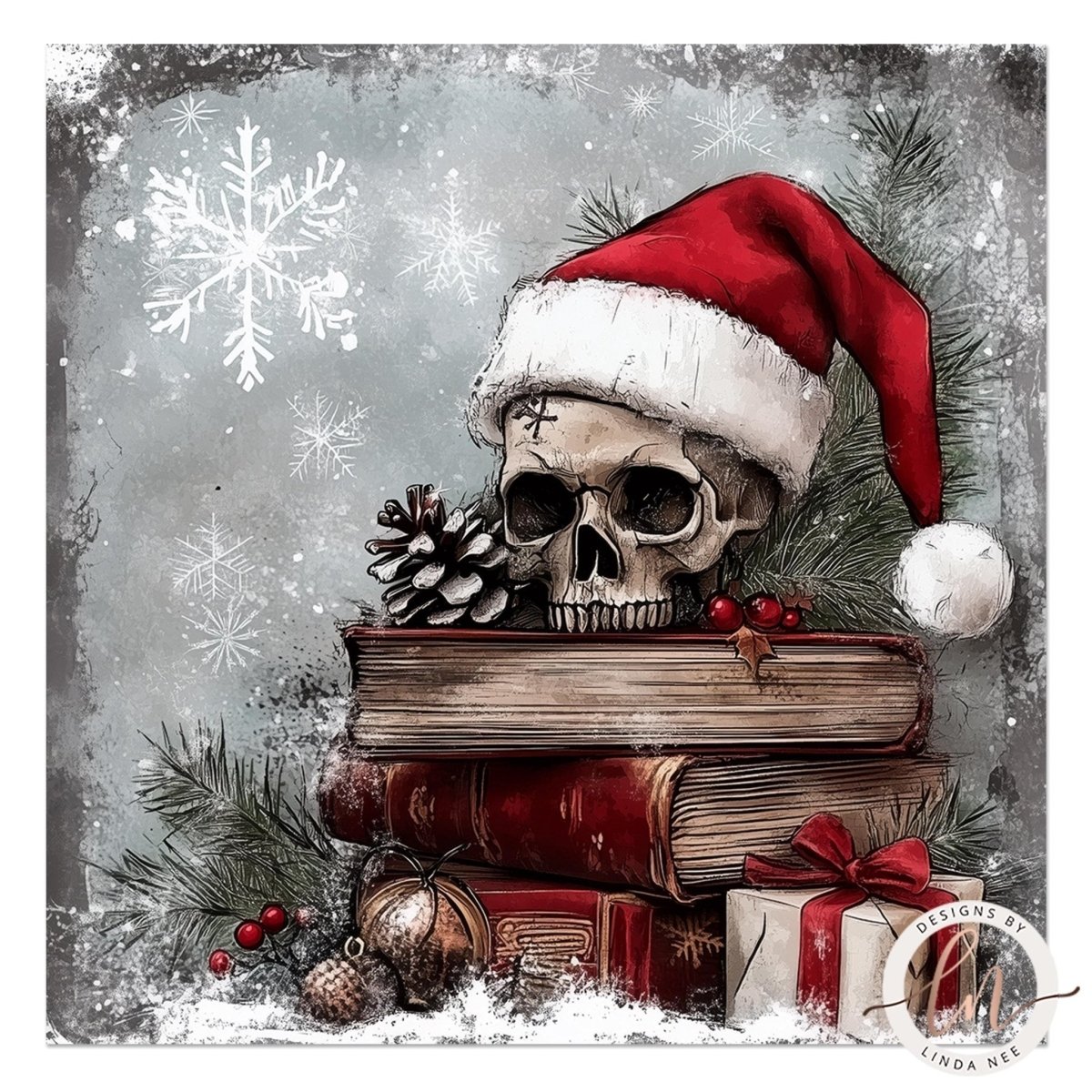 A skull wearing a Santa hat is sitting atop a stack of books, surrounded by pine branches, pine cones, and Christmas decorations, with snowflakes in the background.