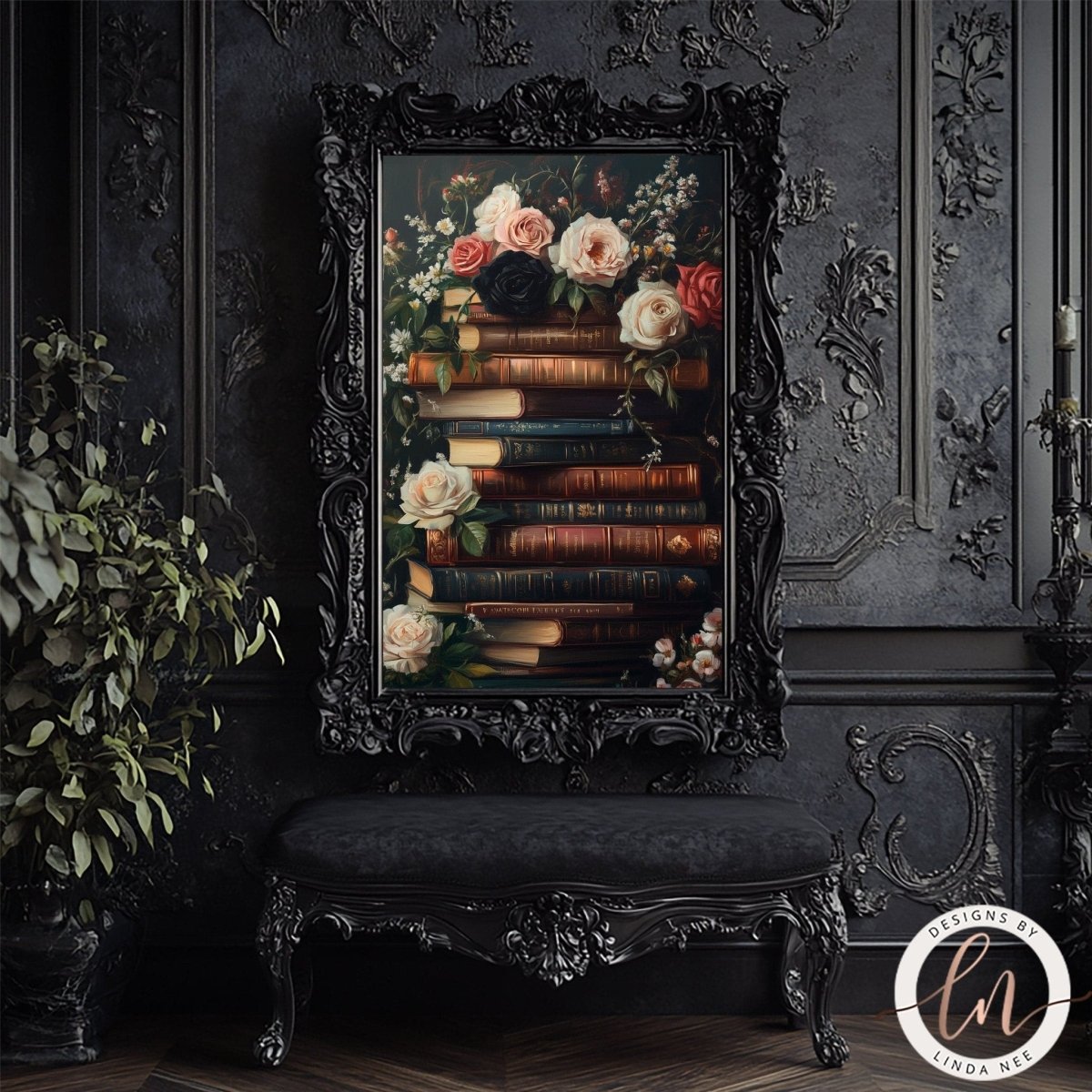 Stack of books with flowers displayed in an ornate black frame