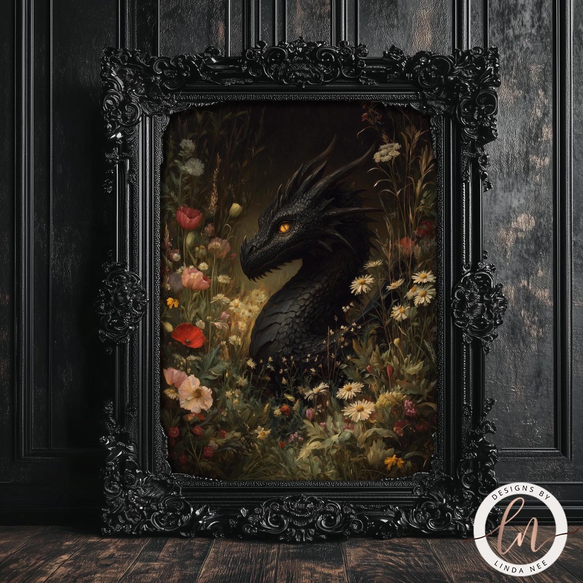 a black dragon surrounded by a vibrant garden filled with flowers and foliage.