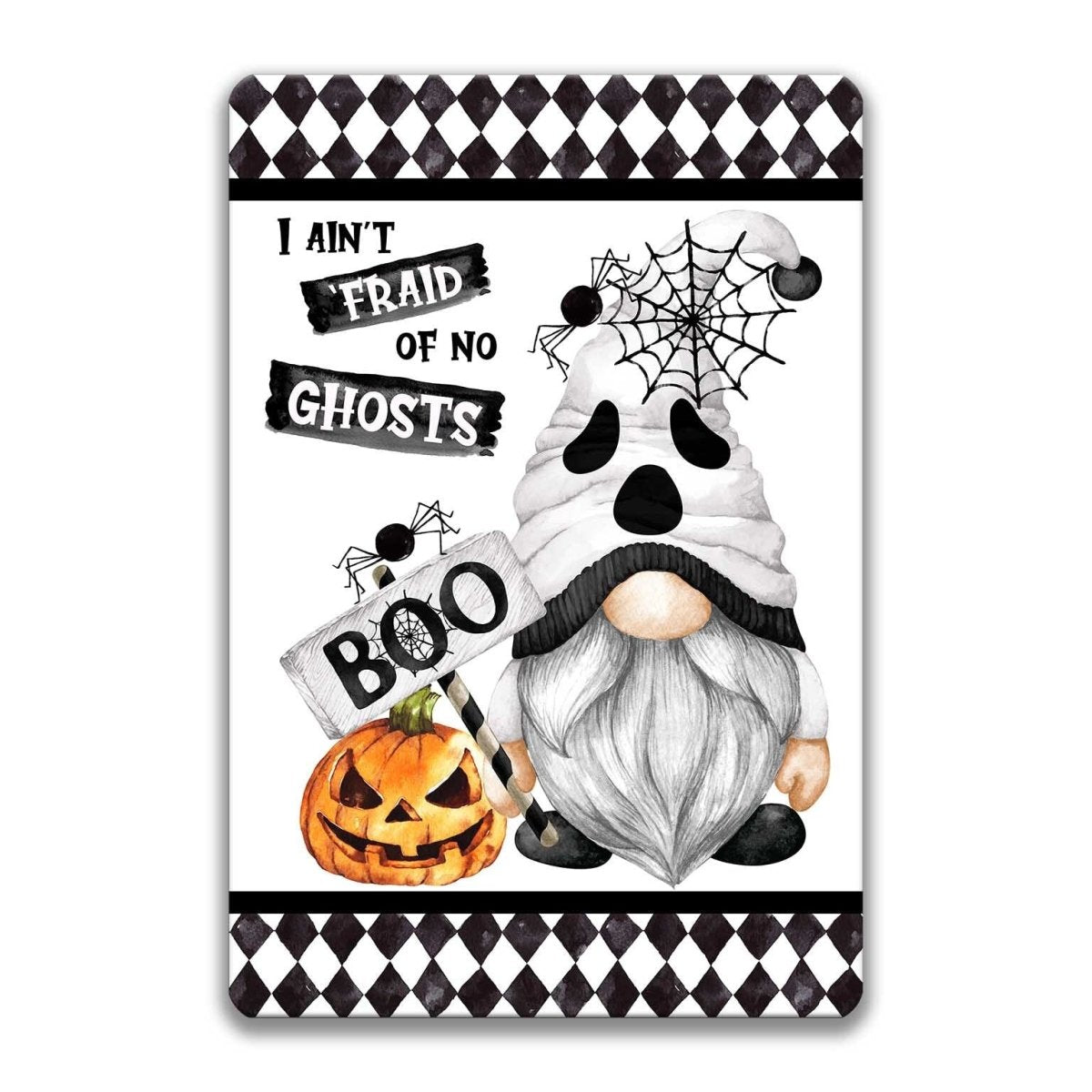 A Halloween-themed illustration featuring a gnome holding a sign that says "BOO", a jack-o-lantern, and a spider web. The text "I ain'traid of no ghosts" is also present in the image.