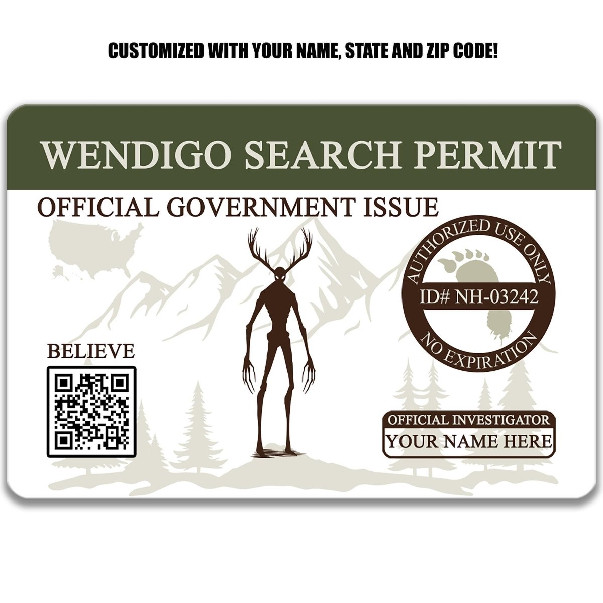 The image is a custom-made search permit featuring a silhouette of a creature resembling a deer or elk, with mountains in the background. The permit is designed to be used as an official government identification card, with a QR code and a barcode for scanning.