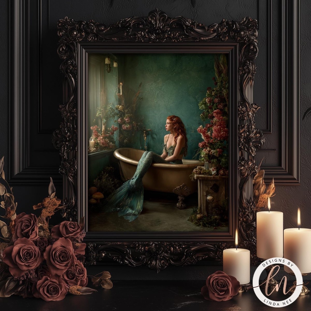 A mermaid is sitting in a bathtub, surrounded by flowers and candles, in a dark, ornate frame.