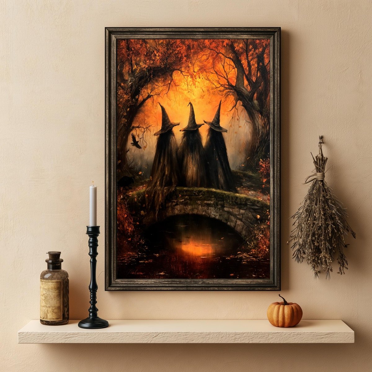 Three witches on an old stone bridge in a misty autumn forest, fall wall art
