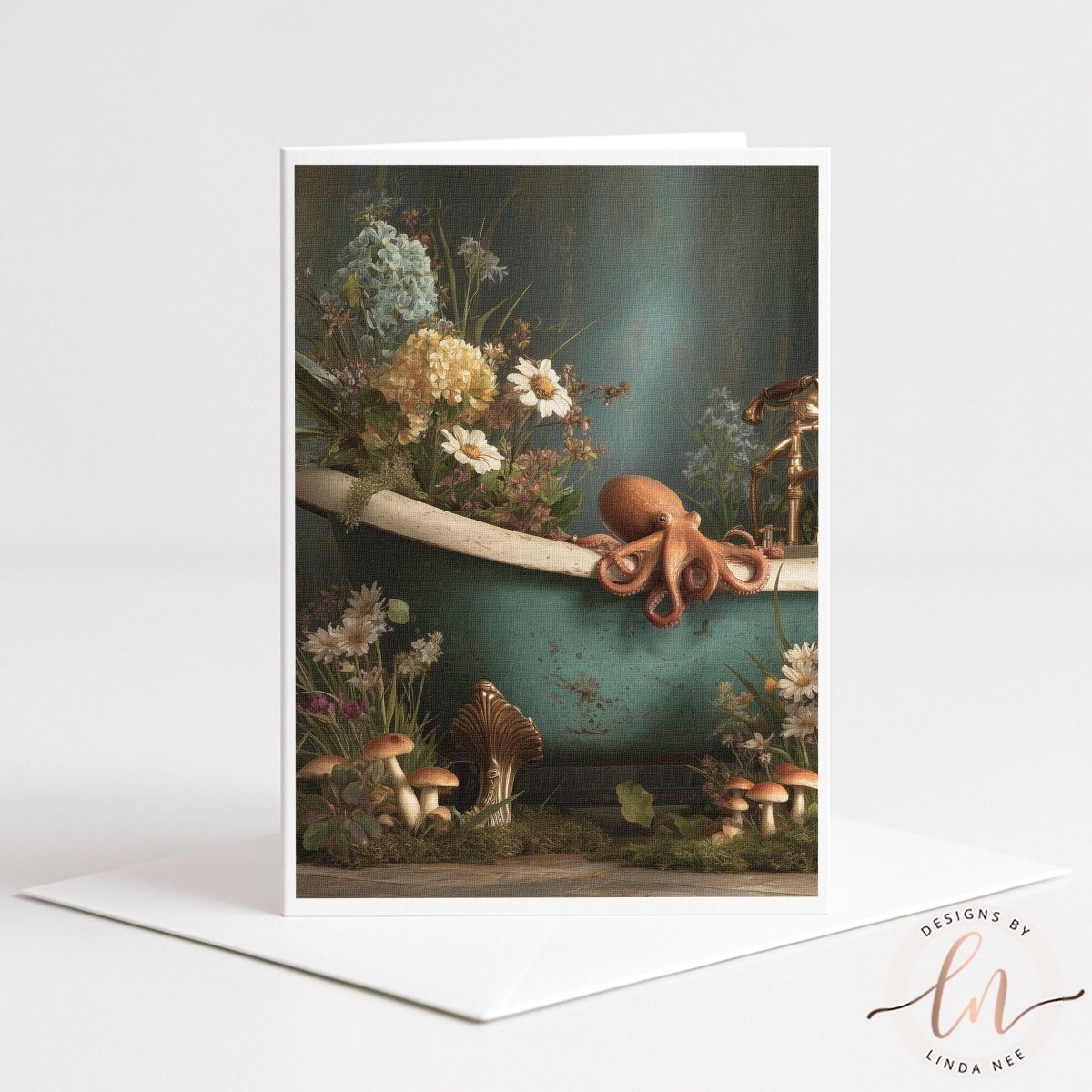 A 5x7 linen-textured greeting card featuring a surrealist illustration of a copper octopus on a teal bathtub overflowing with flowers and mushrooms. The card sits next to a premium white envelope, showcasing a blend of whimsical maximalism and moody nature art.