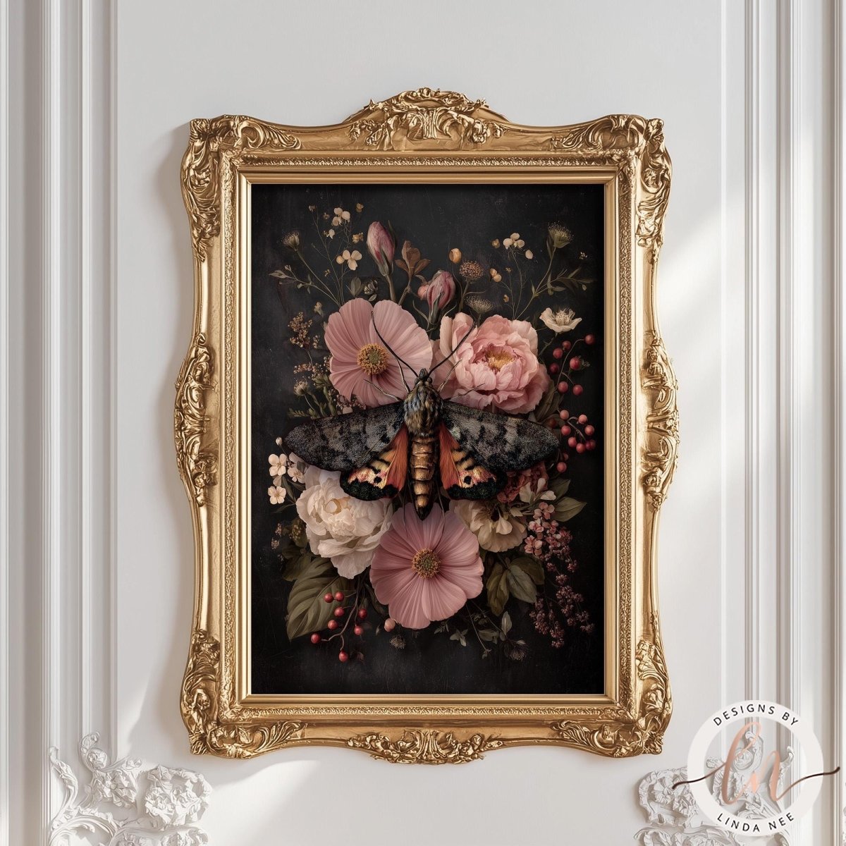 a framed painting of a butterfly resting on a floral arrangement.