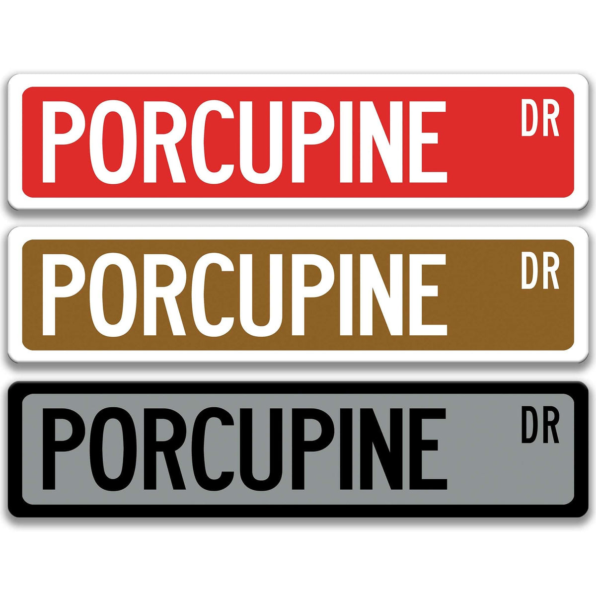 Porcupine metal street sign shown in red, yellow, and blue background colors