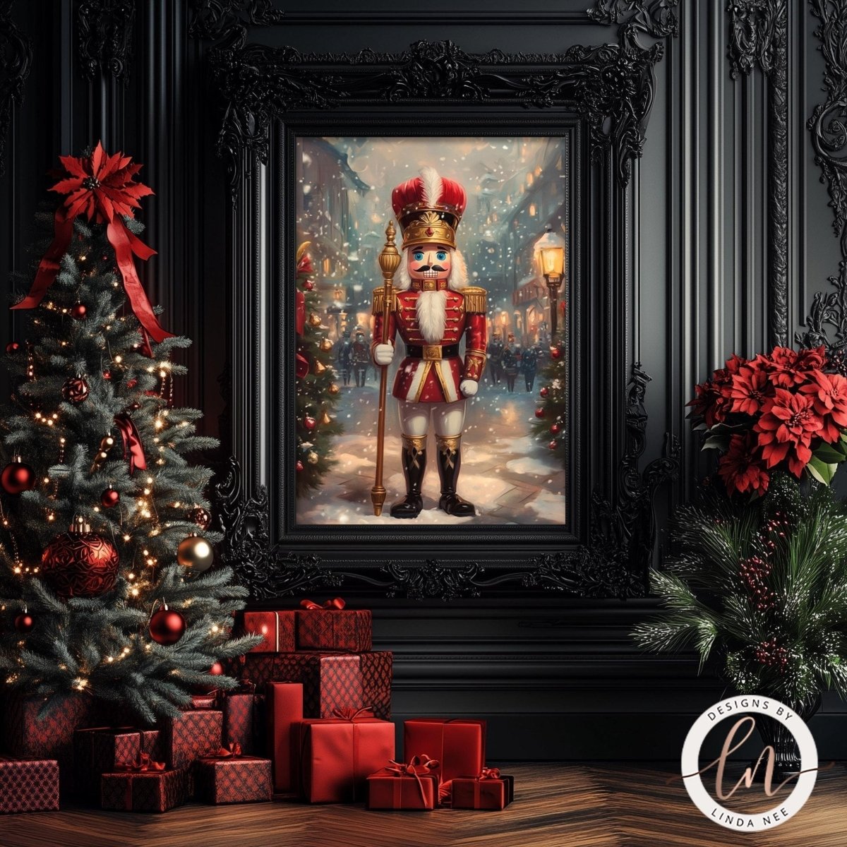Nutcracker decor displayed beside a Christmas tree with red and gold ornaments