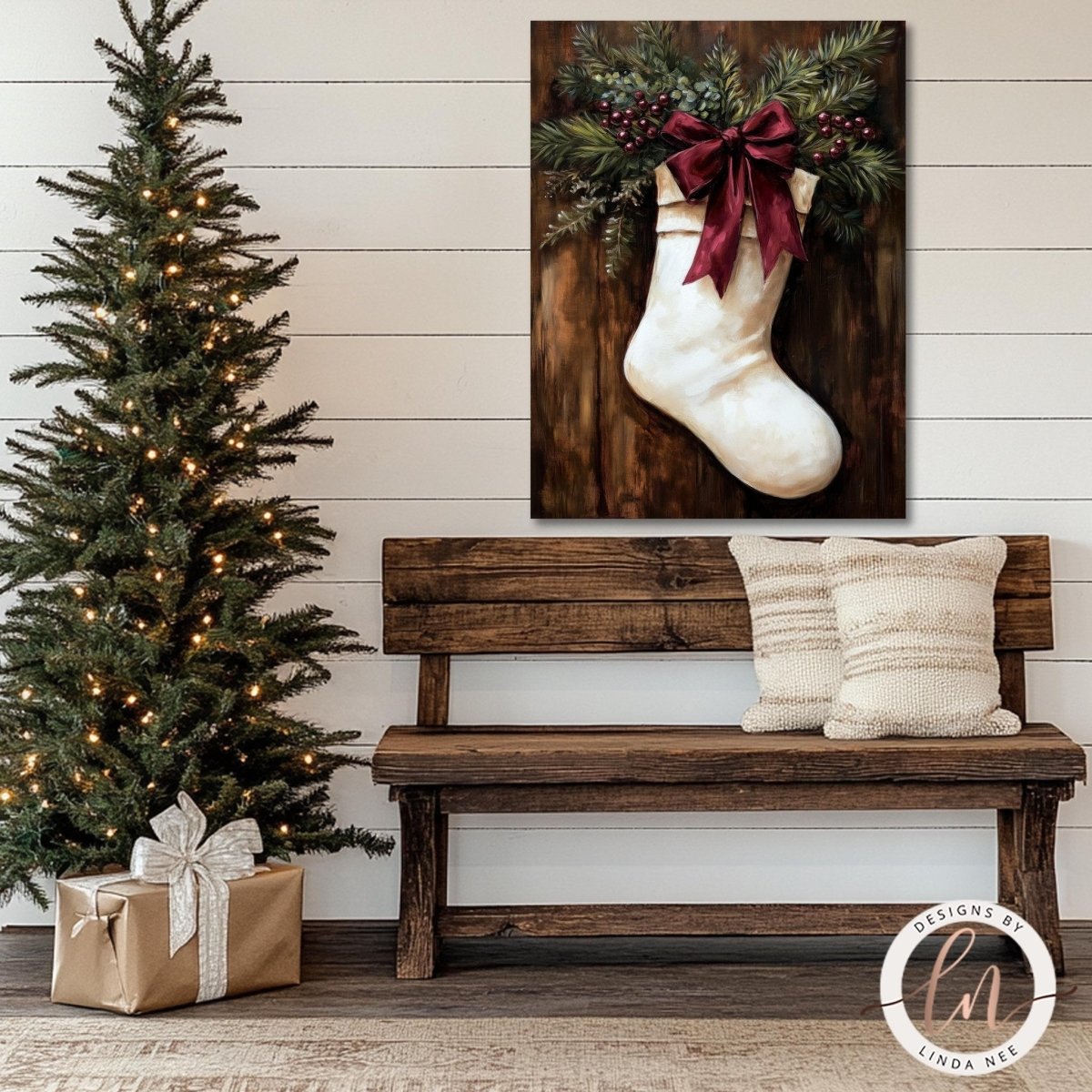 Christmas stocking print displayed above a wooden bench beside a lit tree