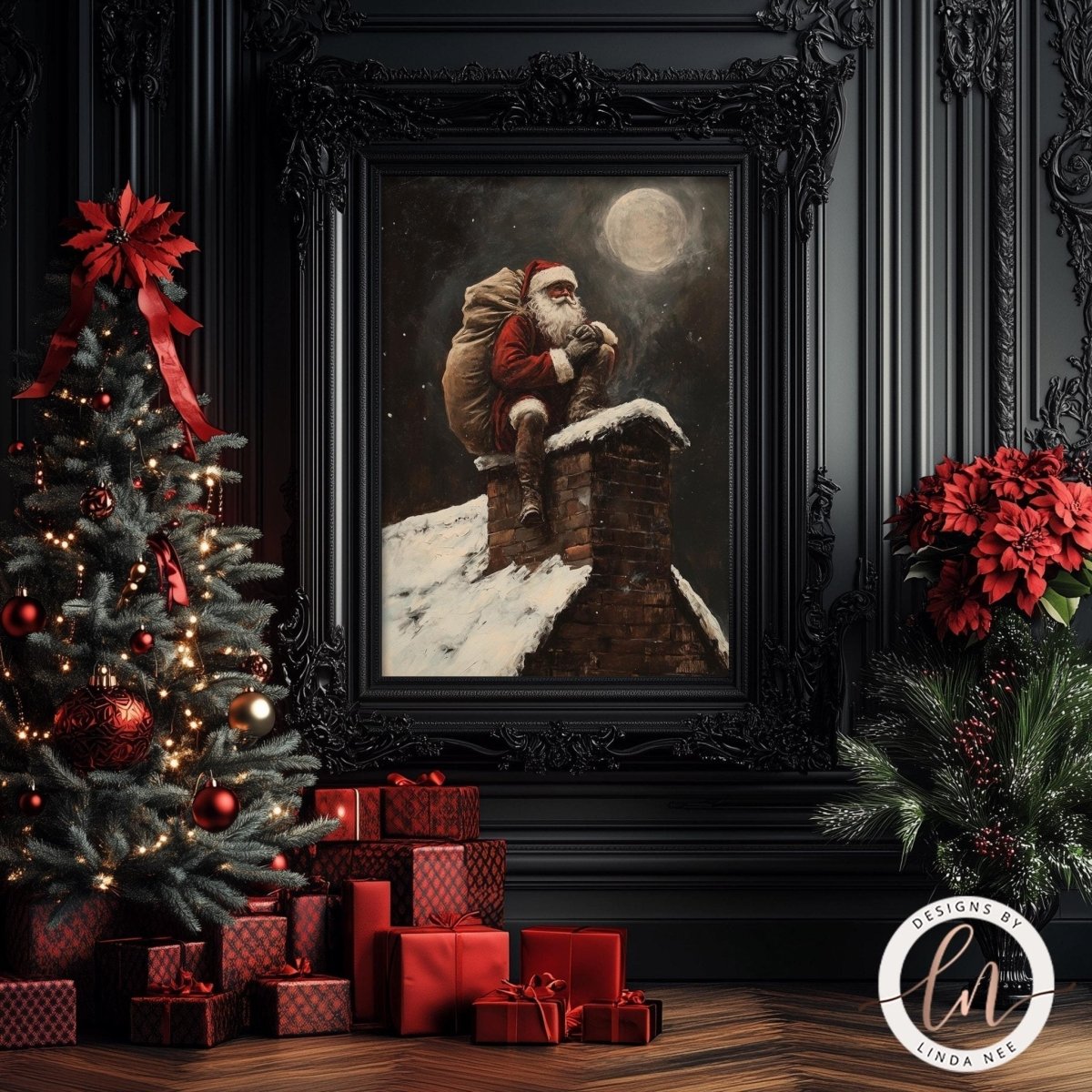 Santa with his gift sack on a snowy rooftop, displayed with a tree and presents