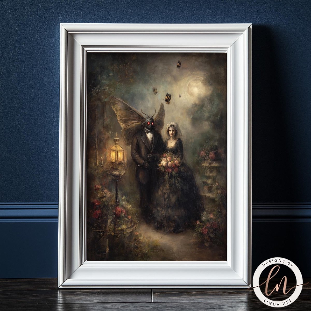 The image is a framed painting depicting a bride and groom standing in a garden, with a winged creature, possibly a fairy or dragon, hovering above them.
