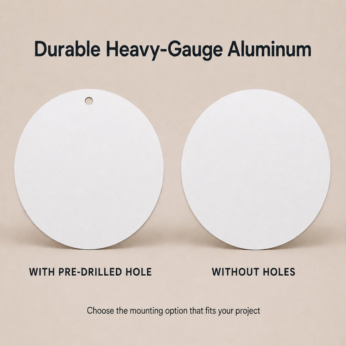 two white circles, one with a pre-drilled hole and the other without holes, accompanied by text that provides information about the mounting options for the holes.