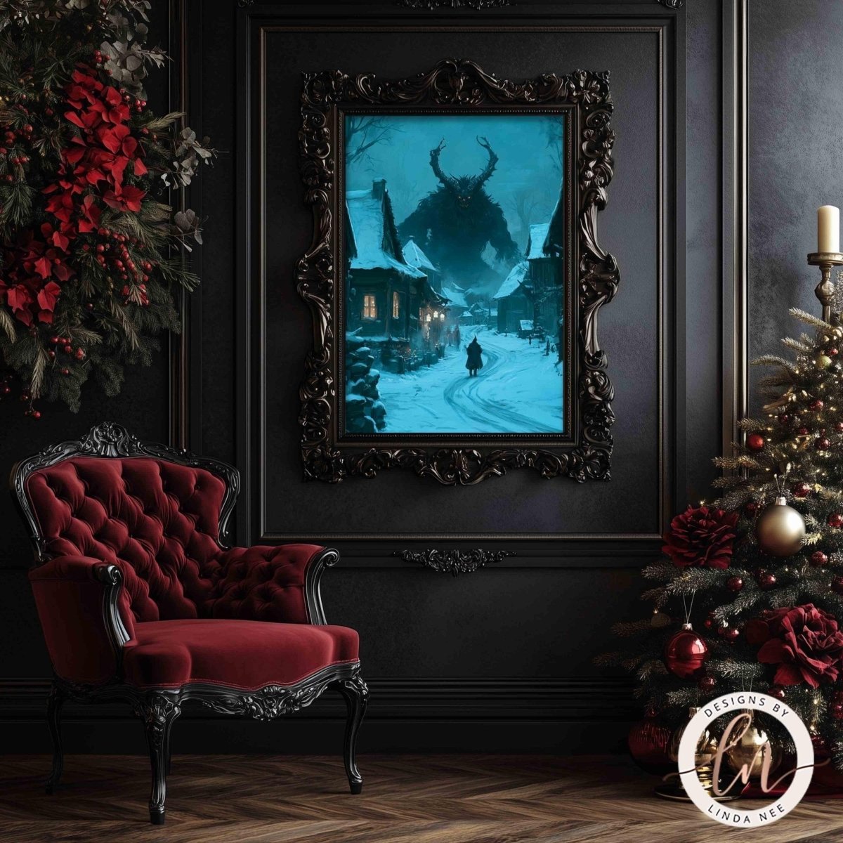 a dark, gothic-style room with a large, ornate painting of a snowy village scene hanging on the wall. The painting is framed in an elaborate black frame and is the focal point of the room. In the foreground, there is a red velvet armchair, and to the right, a Christmas tree decorated with red and gold ornaments.
