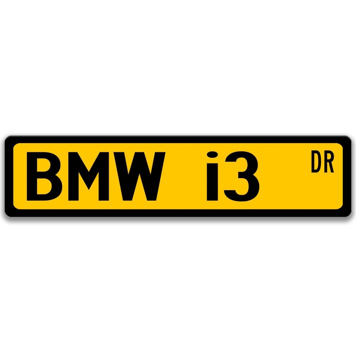 Yellow BMW i3 DR aluminum street sign with black lettering
