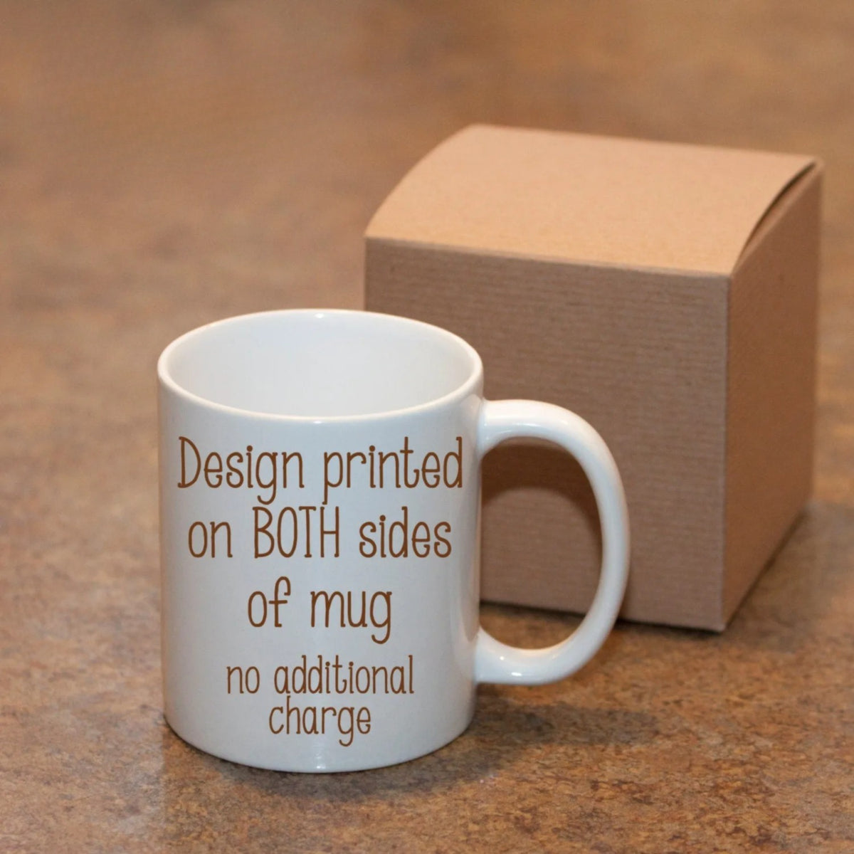 White mug beside a kraft gift box with a note that the design is printed on both sides at no extra charge