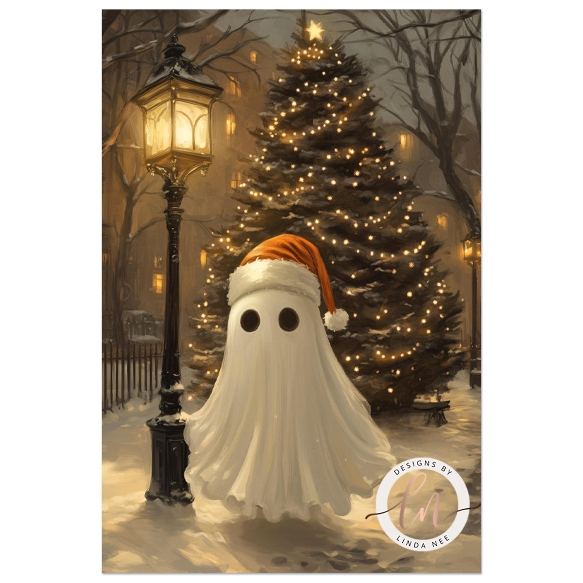 Sheet ghost in a red Santa hat beneath a Victorian street lamp on snowy ground