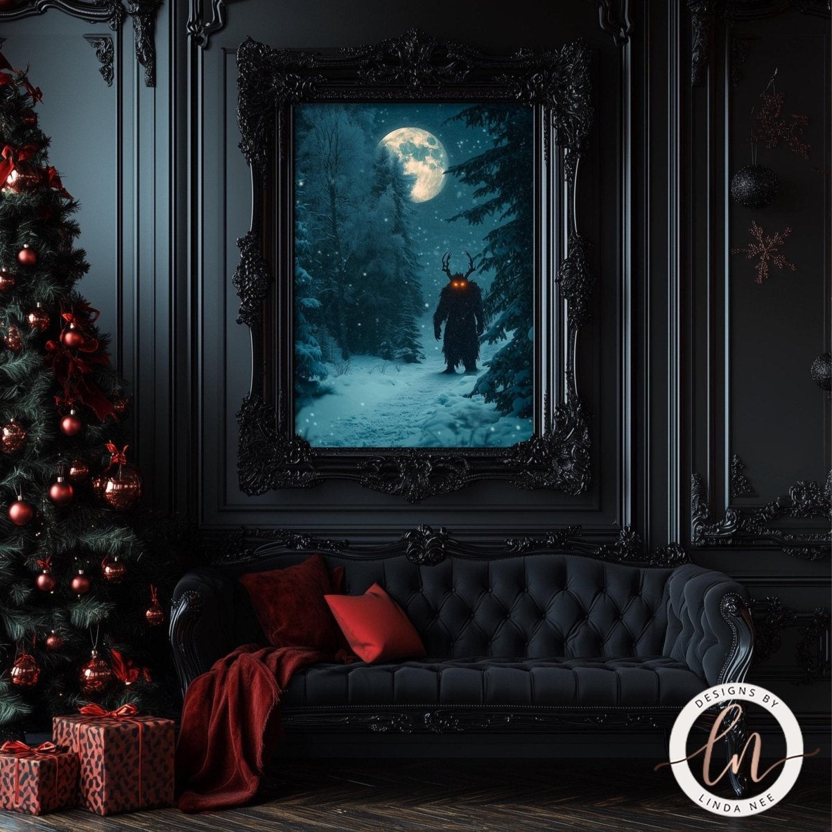 Krampus with sweeping antlers and glowing red eyes beneath a full moon in a snowy forest