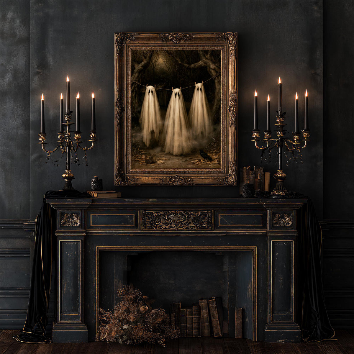 Dark wood-paneled gothic room with a candelabra and the three ghosts print