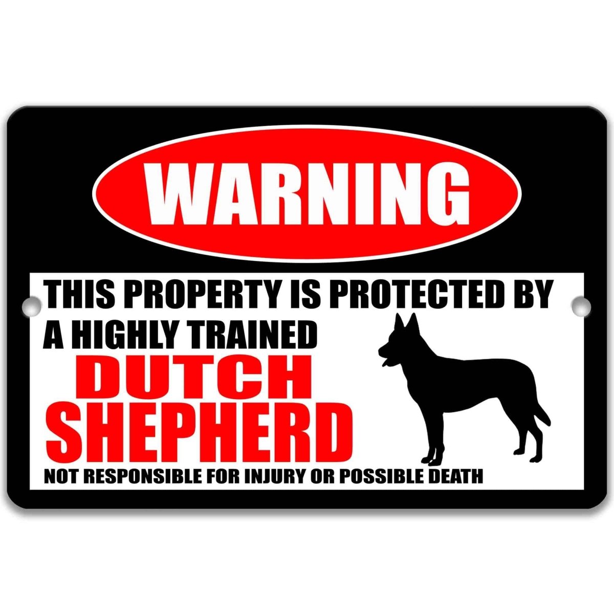 Dutch Shepherd K9 security warning metal sign, glossy black, red WARNING oval and shepherd dog silhouette