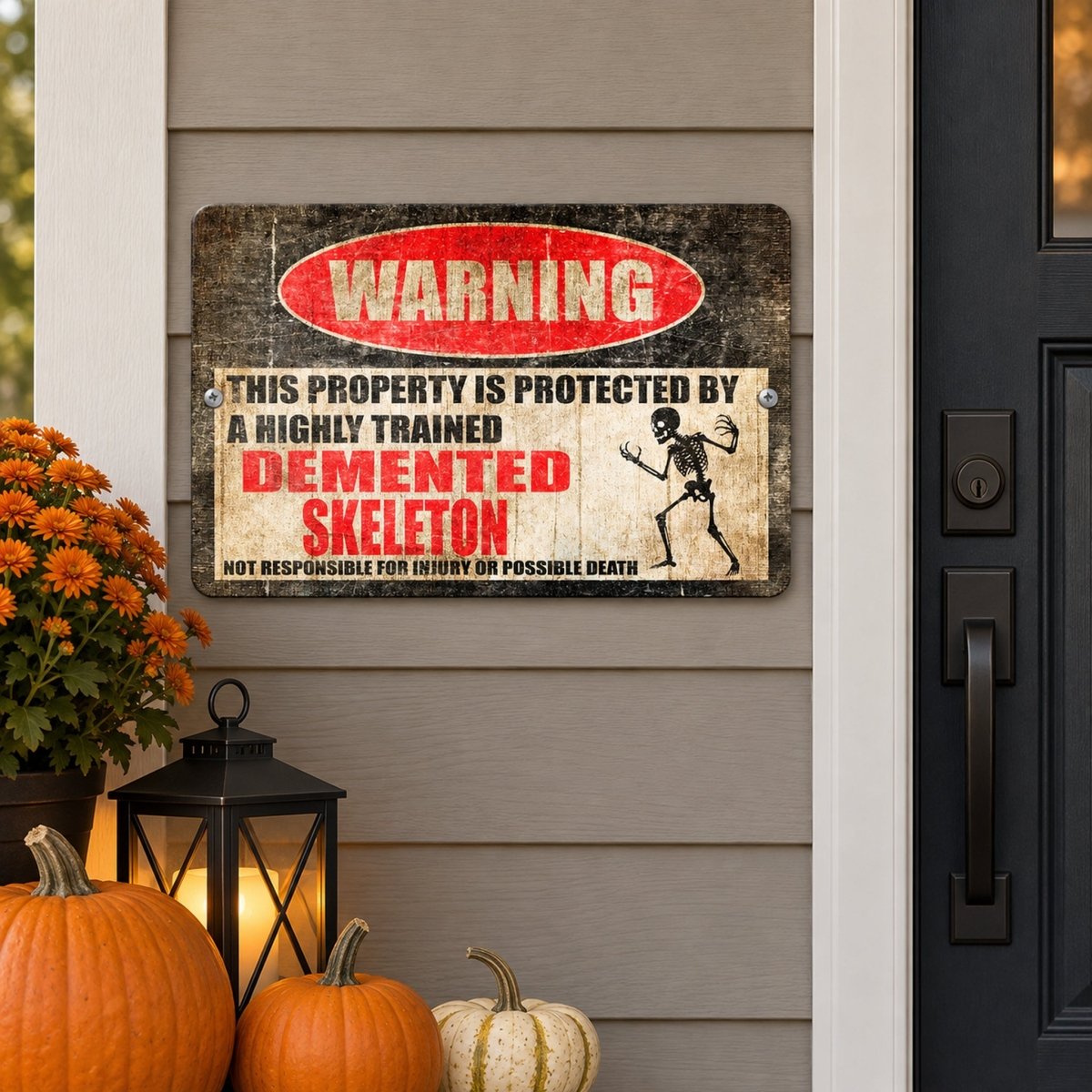 Demented Skeleton warning sign on a house exterior for Halloween
