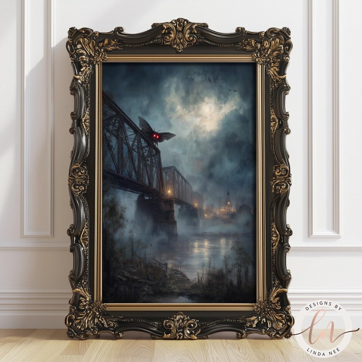 The image is a painting of a bridge with a bat flying over it, set against a dark, misty background. The painting is framed in an ornate, gilded frame and is displayed on a white wall.