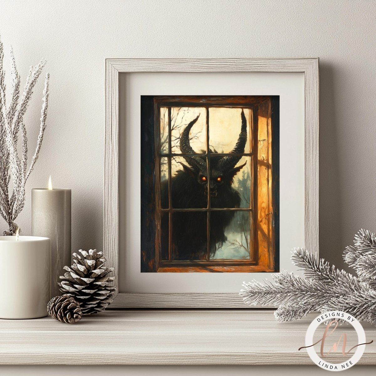 Krampus gothic Christmas wall art displayed on a shelf with pine cones and winter branches