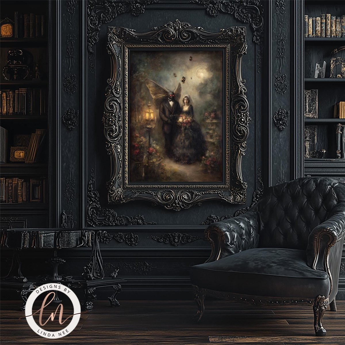 a dark, ornate room with a large, gilded painting of a couple in a romantic embrace hanging on the wall. The room also includes a black leather armchair and a bookshelf filled with books.
