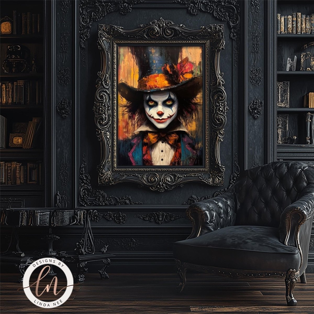 Mad Hatter art print displayed in a gothic room with a leather armchair