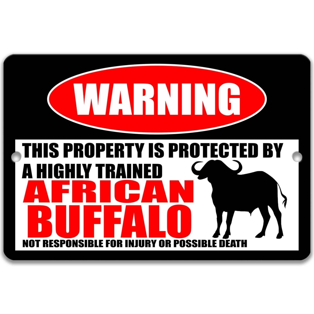 African buffalo warning metal sign, glossy black, red WARNING oval and cape buffalo silhouette