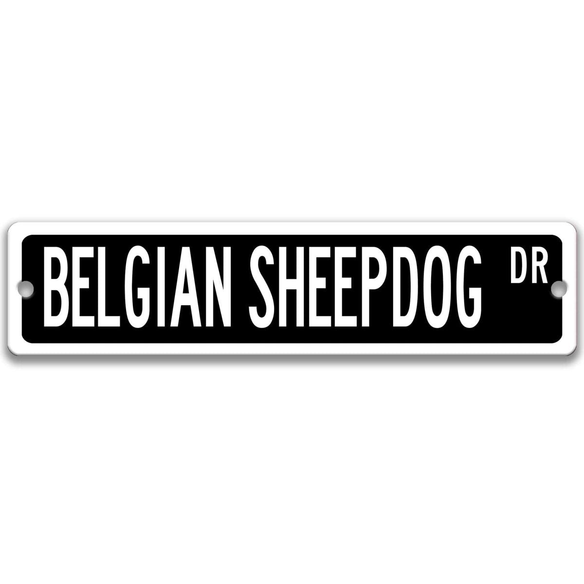 Black Belgian Sheepdog DR aluminum street sign with white lettering