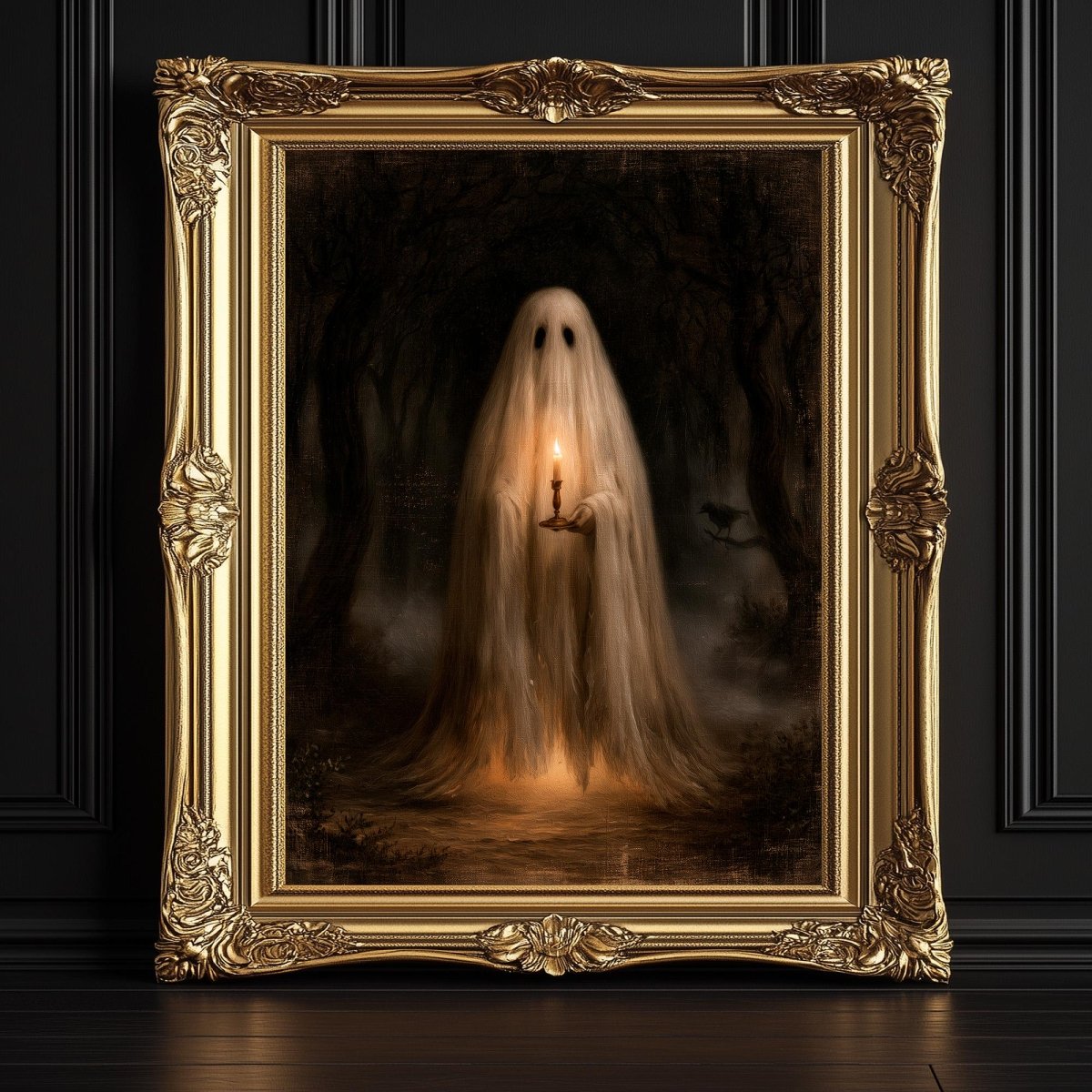 Ghost holding a candle in deep woodland, the flame lighting only its face