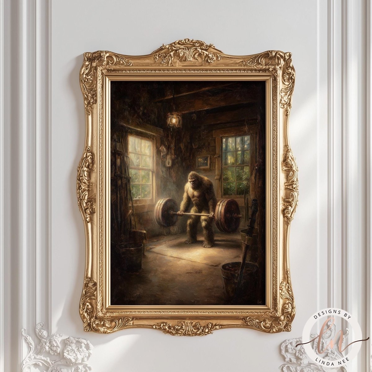 The image is a painting of a person lifting a barbell in a gym setting, with a large ornate gold frame surrounding the artwork.
