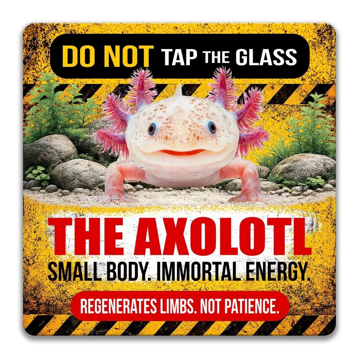 a large axolotl, a type of salamander, with a warning label that says "DO NOT TAP THE GLASS" and "THE Axolotl SMALL BODY IMMORTAL ENERGY".