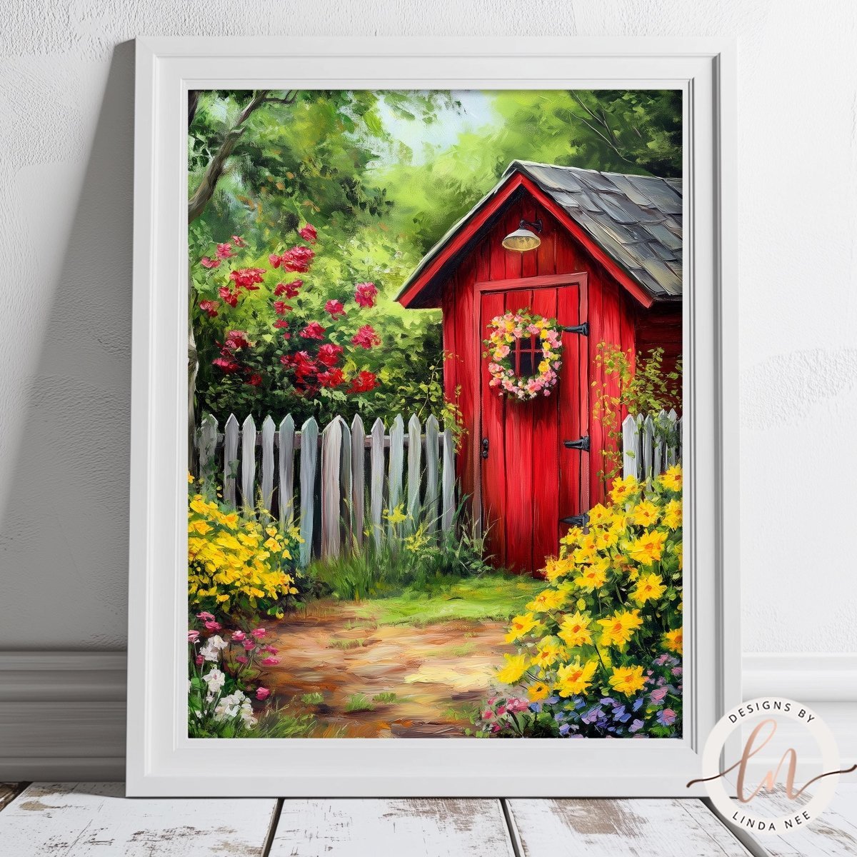 Red wooden shed with a wreath surrounded by a lush garden