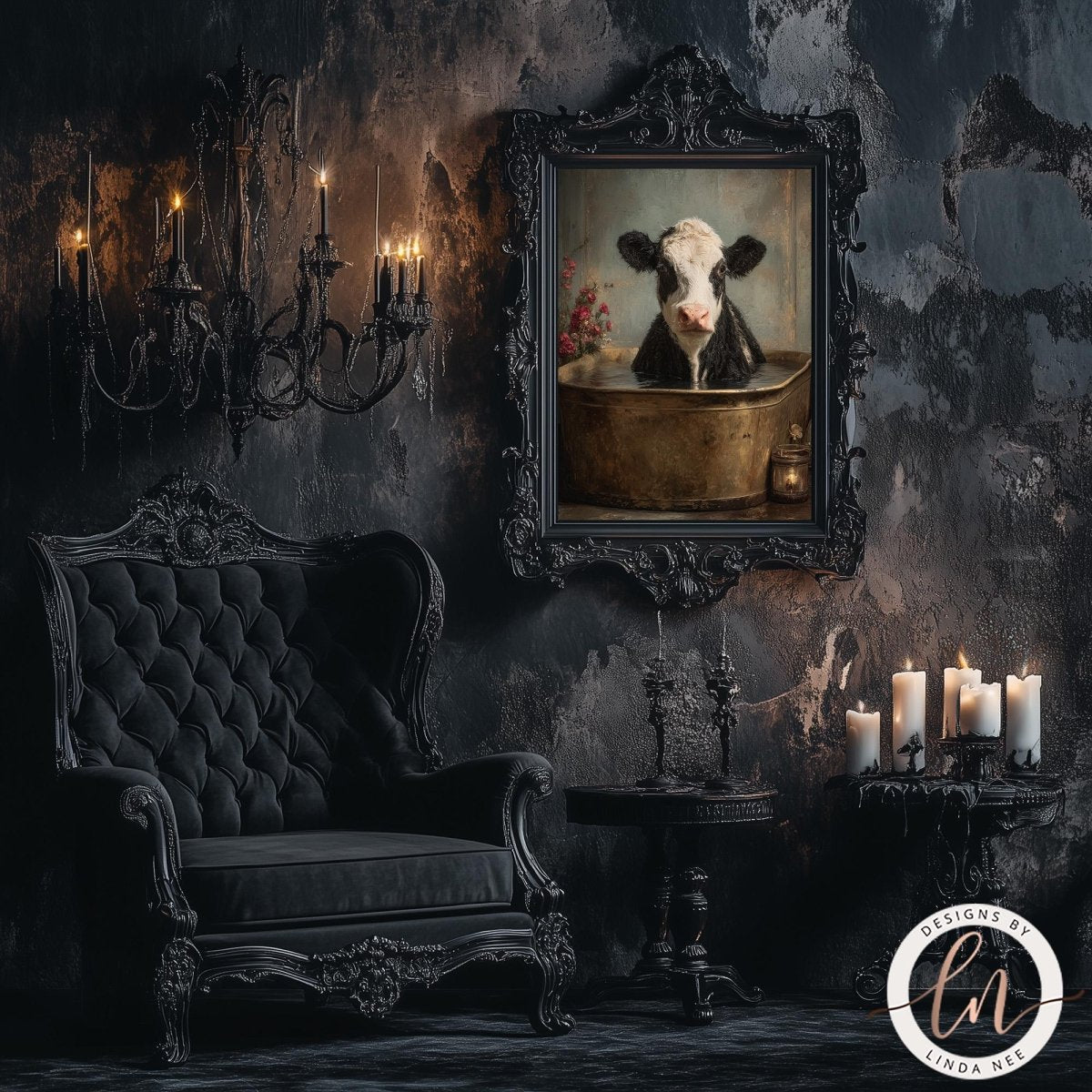 a black and white cow sitting in a bathtub, surrounded by candles and an ornate black chair.