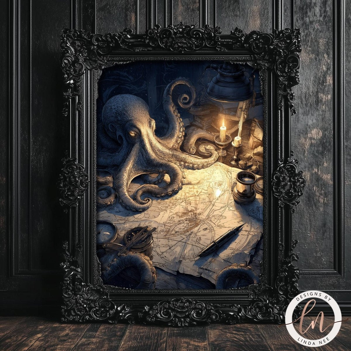 an octopus in a dark, mysterious setting, with a map and a lantern in the background.