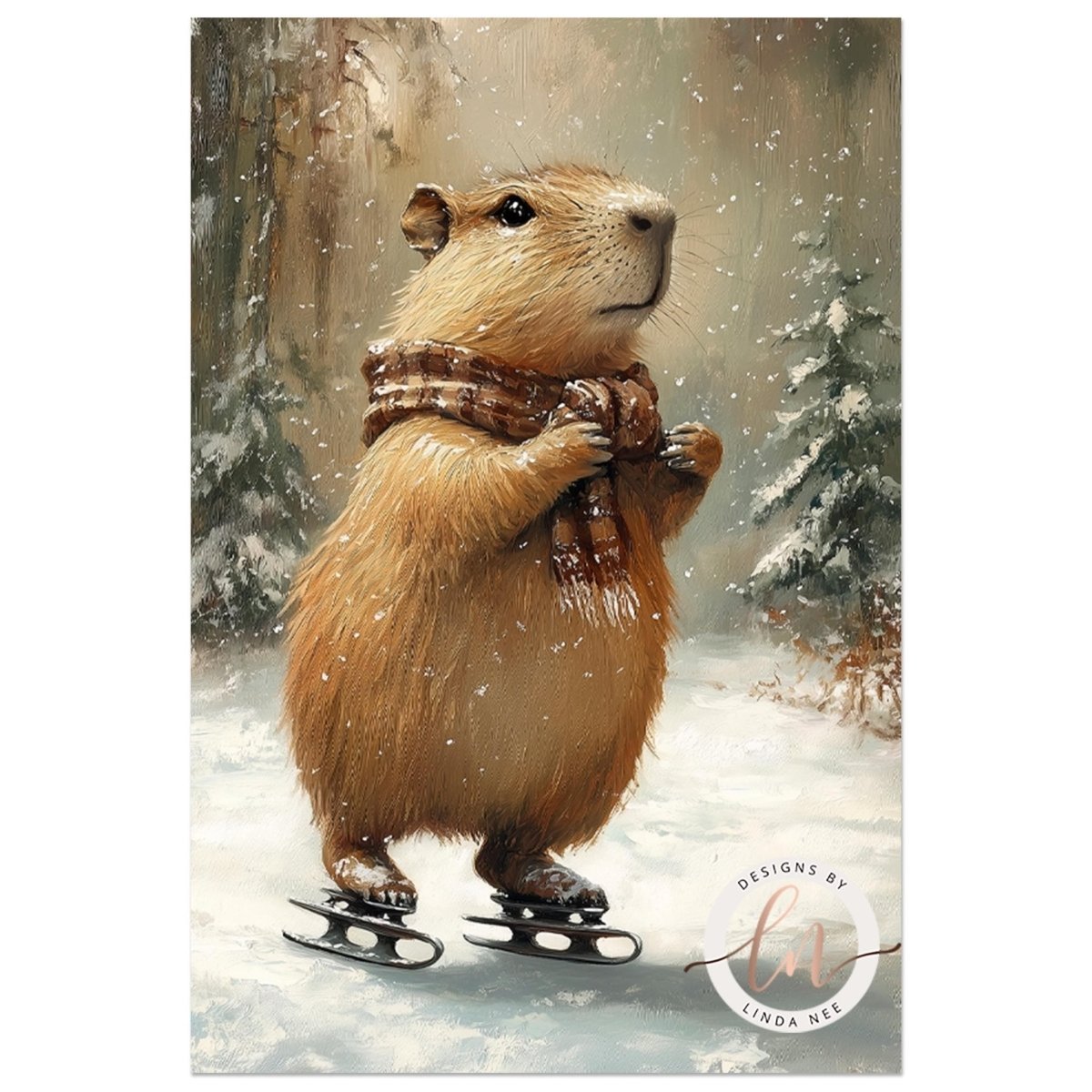 Capybara wearing a scarf standing on skates in a snowy forest