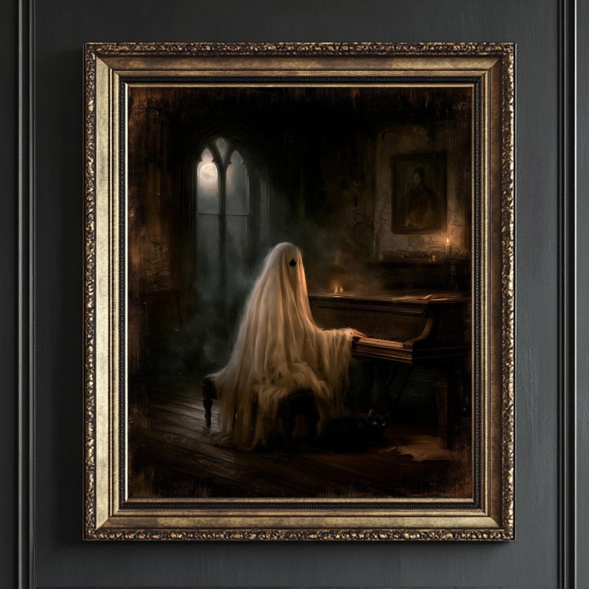 Ghost playing an antique piano in a dim manor room with a faded portrait behind