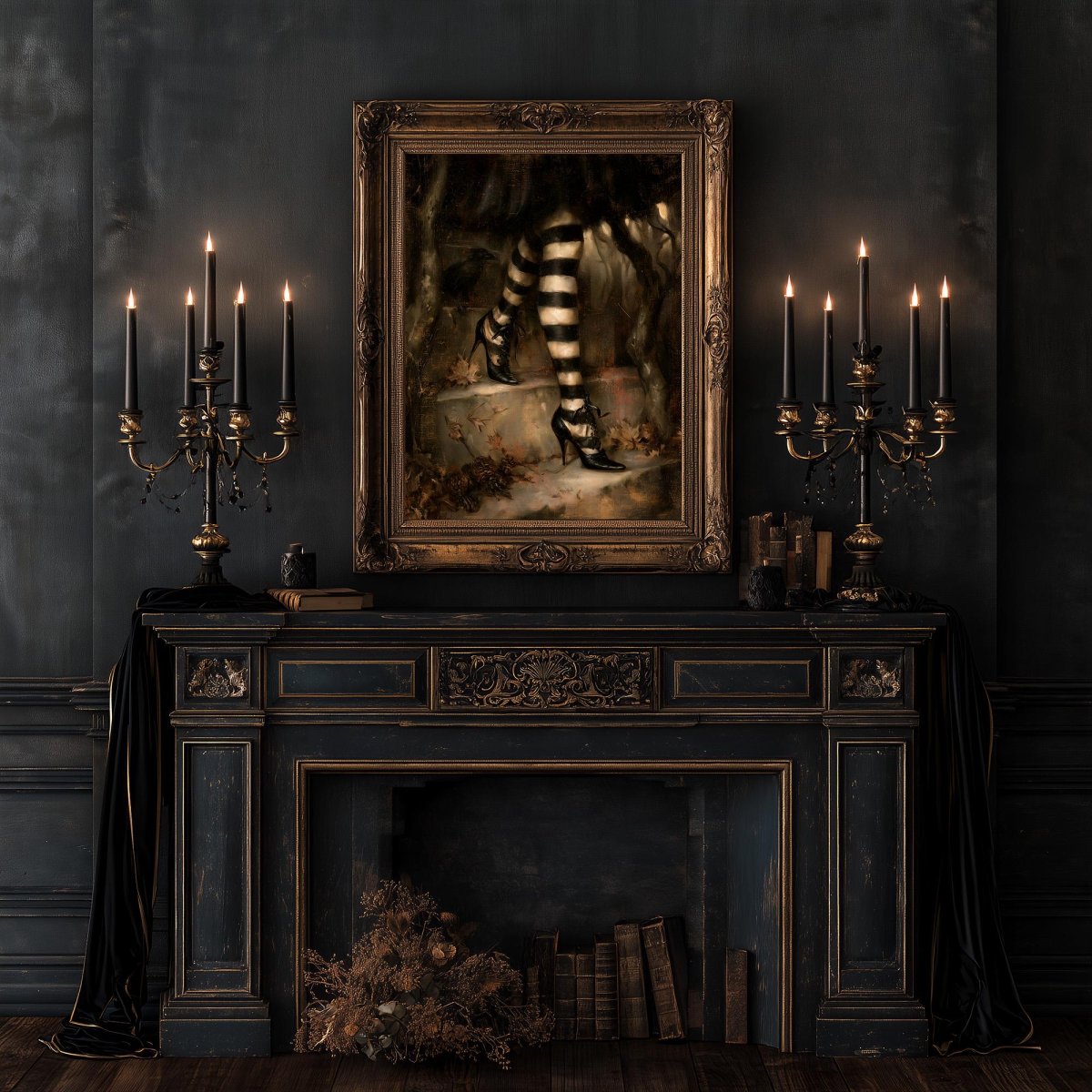 Gothic room with twin candelabra flanking the fireplace and the witch legs print